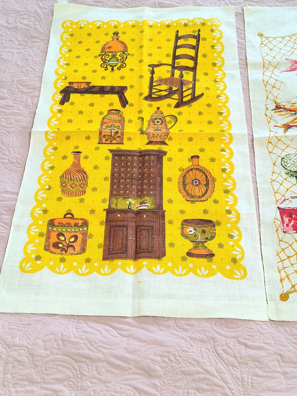 Set Of 2 Fish Market & Farm House 100% Linen Tea Dish Towels Vintage MCM Poland